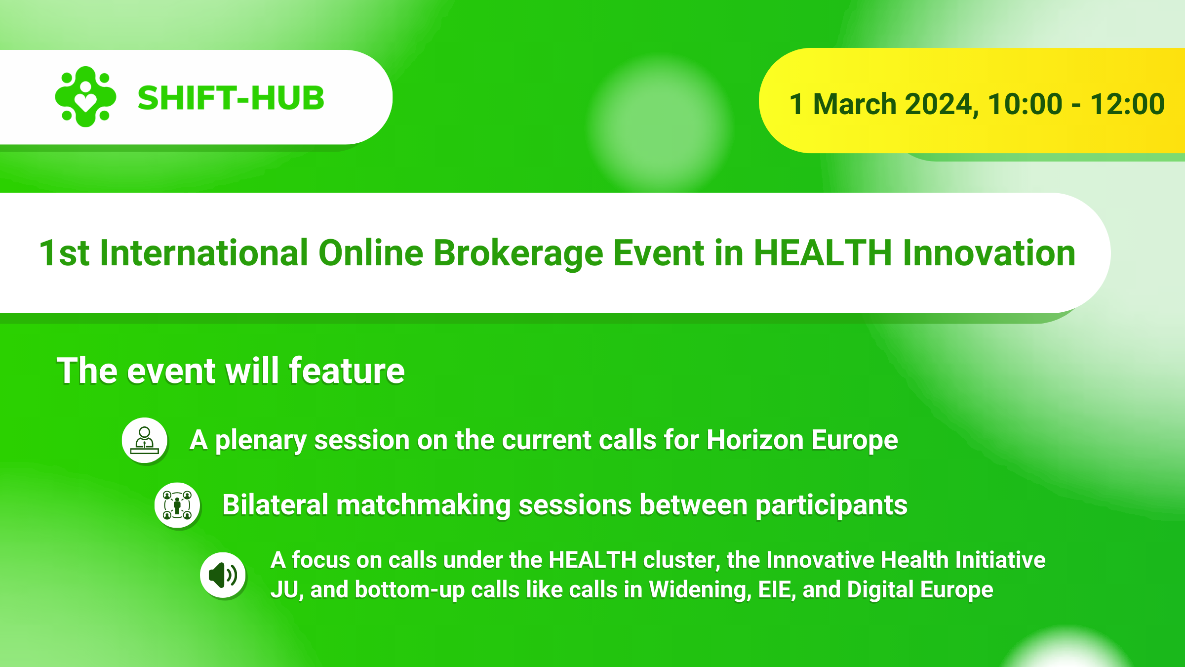 Banner for 1st International Online Brokerage Event in Health Innovation Shift-Hub